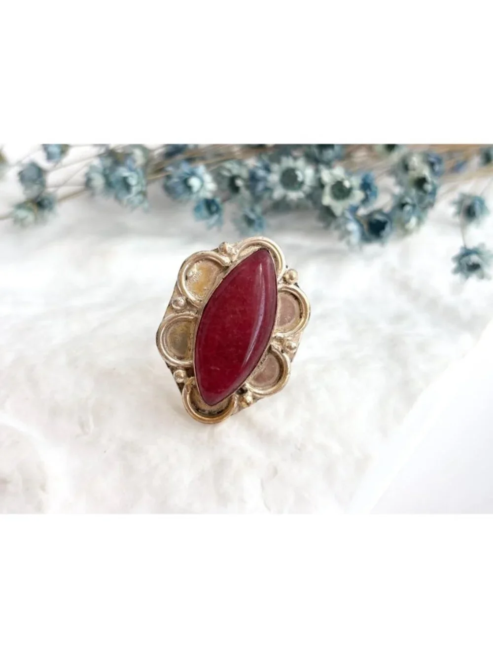 Red Adventurine Marquise Scalloped Sterling Silver 925 Vintage Ring - sz 10.5